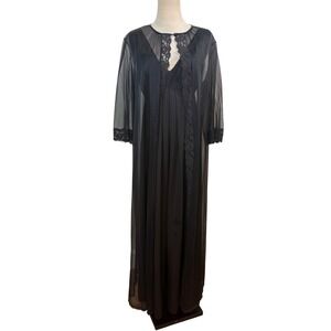 Vtg 60s Negligee Nightgown Robe Set M Black Lace Sheer Peignoir Dark Coquette